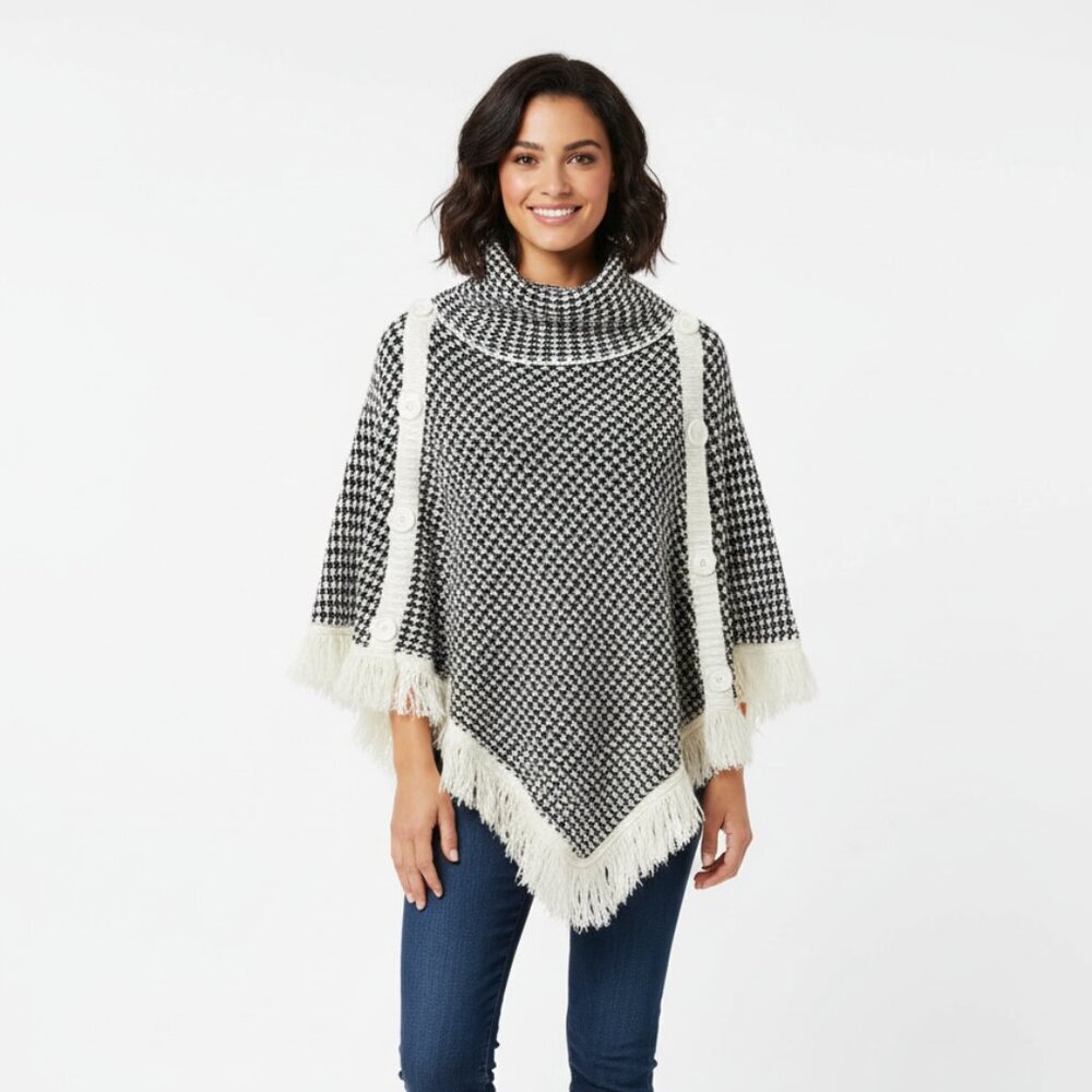 MAJORA Black & White Knit Button Poncho with Fringe | Size L/6